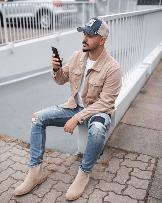 Beige Corduroy Jacket with Beige Chelsea Boots 